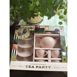 FAO SCHWARTZ 9 PC Ceramic Tea Party Set - Pink Polka dot Porcelain Kids Set- NEW